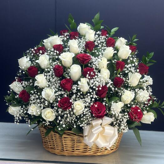 71 Red White Roses Basket