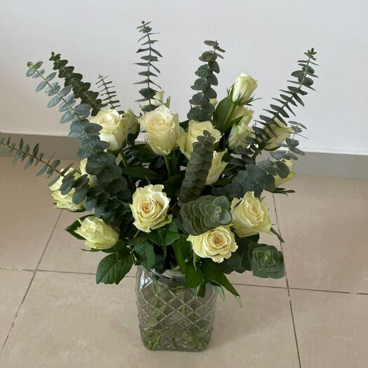 Bunch of white roses and eucalyptus baby blue