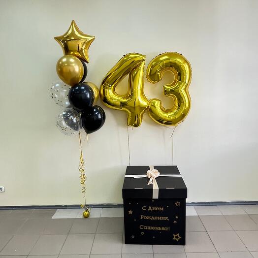 Набор шаров с гелием  579 -  коробка сюрприз с цифрами 43 ( аэродизайн )