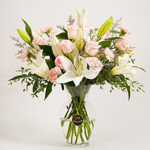Pink Roses, Lilles   Carnations in A Vase
