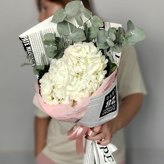 Bouquet of white hydrangea with eucalyptus