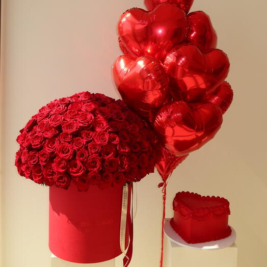 Set of - 200 red premium roses in a box, cake with red velvet filling and 10 heart shaped balloons