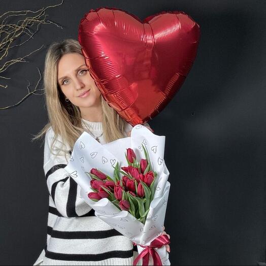 Подар️‍ок♥️🔥Красные тюльпаны и воздушный шар сердце ♥️