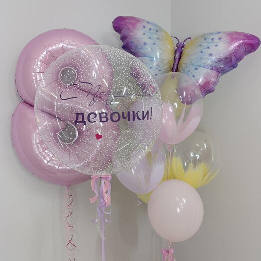 Шары на 8 марта с баблсом, бабочкой и цифрой