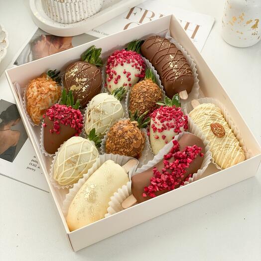 Assorted chocolate-covered strawberries and bananas