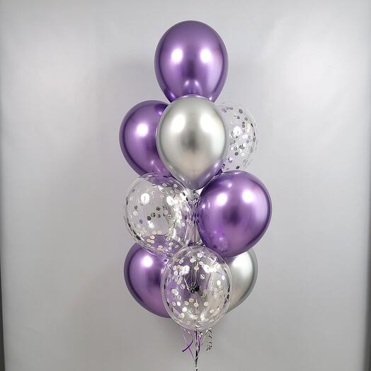 Фонтан из серебряных и фиолетовых шариков хром. Шары с гелием для оформления