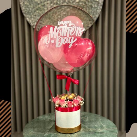 Mothers Day Flower – Pink Roses, Ferrero, Custom Balloon - Pink Roses Basket