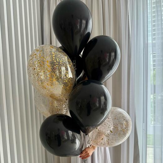 Сет из 9 шаров с гелием черный с золотыми блестками 🎈