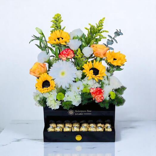 Festive Bliss Flower and Chocolate Box – Sunflowers, Roses   Ferrero Rocher in Acrylic Gift Arrangement