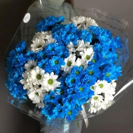 Большой букет из синих и белых ромашек