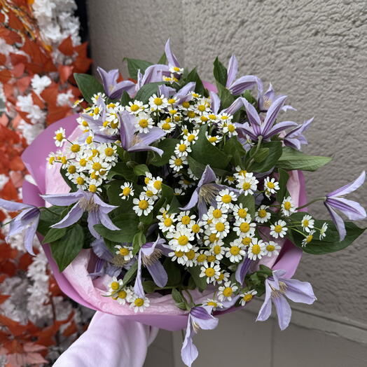 Bukiet polny z clematisa i rumianku