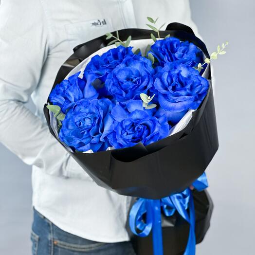 Blue French roses in designer packaging