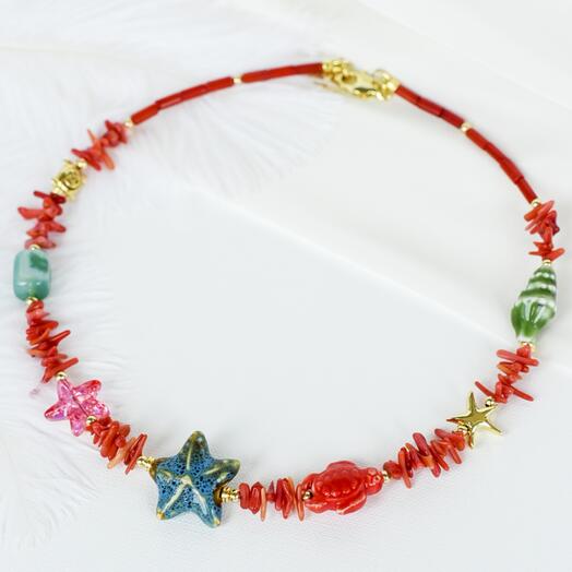 Чокер SUNRISE в морском стиле 35-40 см, натуральный коралл, фарфор, агат зеленый