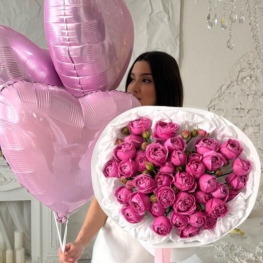 Подарочный набор: букет пионовидных роз + три шара сердце 🌸 Размер S