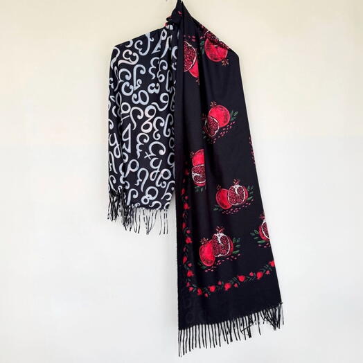 Палантин сувенир Кашемировый шарф «Грузинский алфавит и гранаты». Shawl souvenir Georgian letters and pomegranate