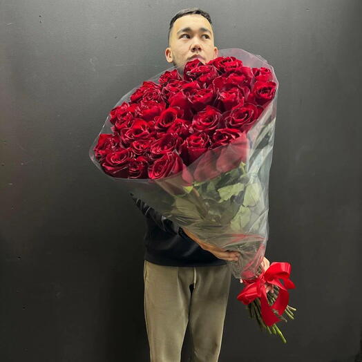 Монобукет "Demin-Roses", красные эквадорские розы 100см, 39 шт, упаковка под ленту