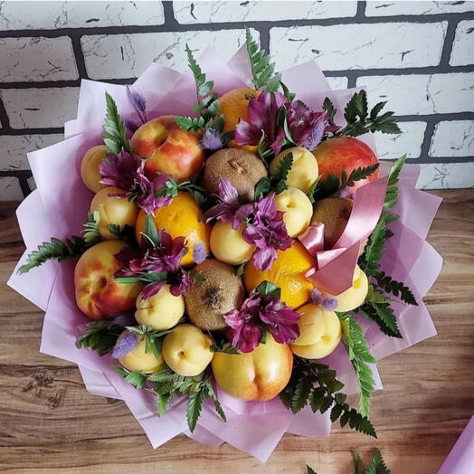 Фруктовый летний букет с нектаринами , абрикосами и альстромерией 💜Дофаминовый букет Пиономания