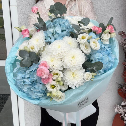 🌸Шикарный Букет Bloom Room  голубая гортензия, хризантема, эустома, диантус