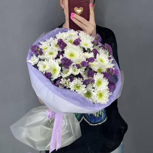 Букет долгоиграющий 💜 белоснежная кустовая хризантема 🌿 сиреневая статица 💜💜💜