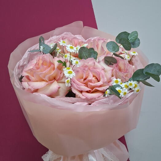 Француженка💖Букет из французской розы, эвкалипта и танацетума