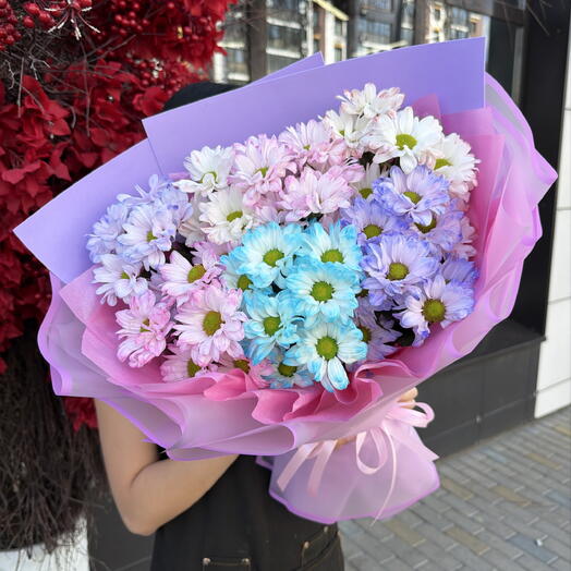 Дофаминовый букет хризантем ромашковидных из 7 шт💙💜🩷