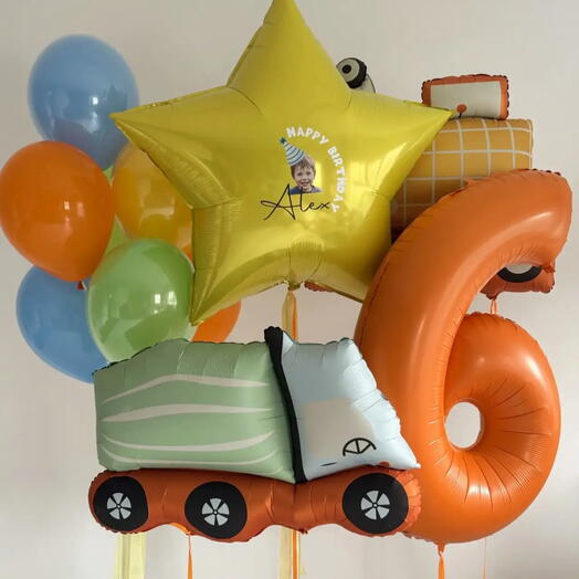 Шары на день рождения мальчику 🎈 Машинки, цифра, большая звезда с надписью и 7 шаров
