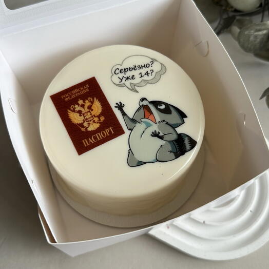 Бенто торт с енотом и паспортом на 14 лет