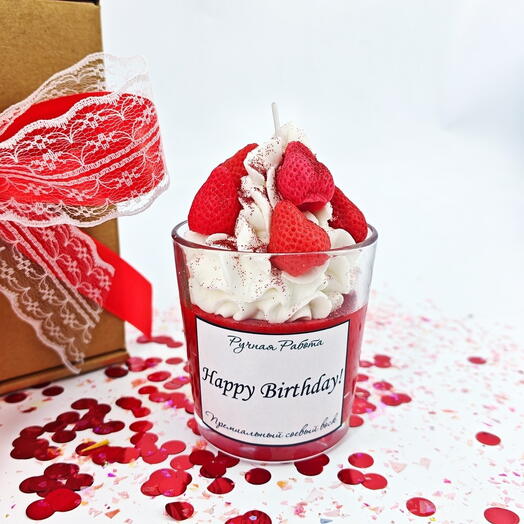 Десертная свеча с клубничками в стакане happy birthday