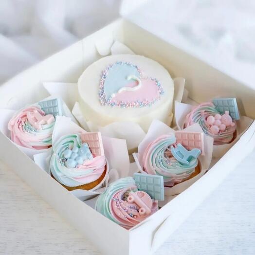 Conjunto "Pastel y cupcakes" para determinar el sexo del niño
