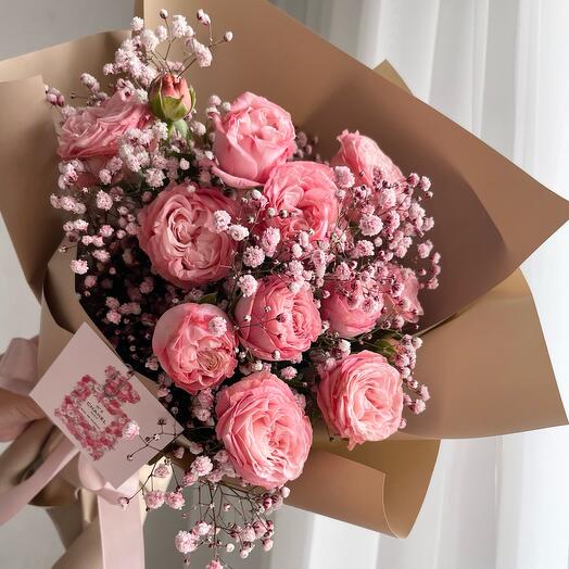Букет из пион кустовых роз и гипсофил 🌸