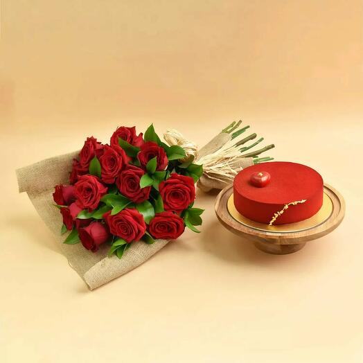 12 Red Roses Bouquet and Cake