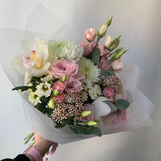 Delicate bouquet with orchids, eustoma and chrysanthemum