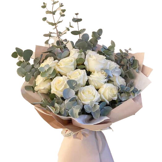 15 White Roses with Eucalyptus Leaves Bouquet - Fresh Flower Delivery