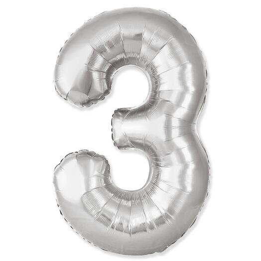 Фольгированный воздушный гелиевый шар цифра 3 серебро 102 см (40 дюймов) для украшения праздника и дня рождения