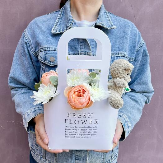 Handmade composition with roses, chrysanthemum and teddy bear