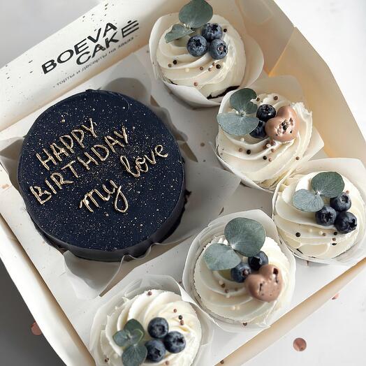 Набор бенто и капкейки « с днем рождения» , «happy birthday» черный бенто с золотой надписью