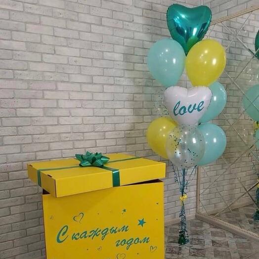Surprise box with balloons "Yellow-turquoise"