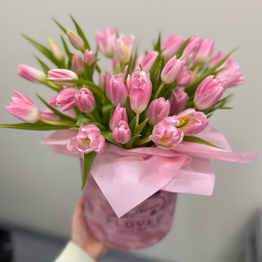 Pink tulips in a velvet box