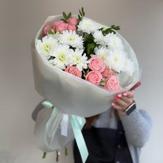 😍Нежное мгновение 🥰букет из кустовых роз и кустовых хризантем