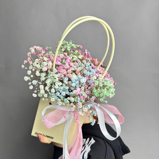 Handbag with rainbow gypsophila