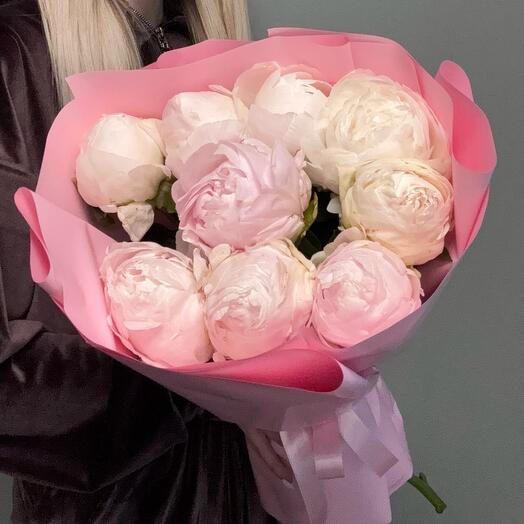 Букет из крупных нежных бело-розовых пионов премиум 9 шт🎀