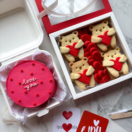 Set of "Love you" Cute Teddy Bear cookies with hearts and pink bento cake. A gift for mom, sister, grandmother, husband, wife