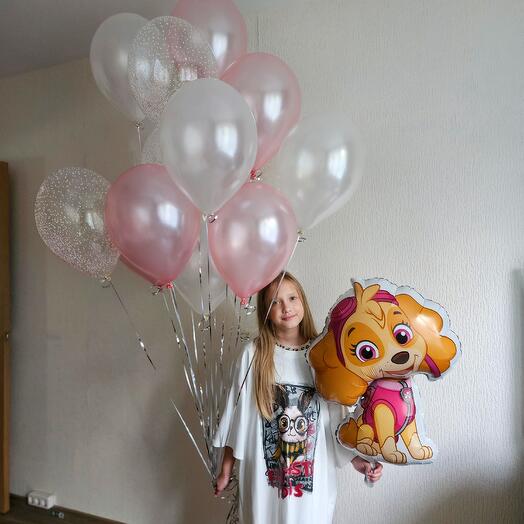 Гелевые шары белые, розовые и собака,собачка розовая ,щенок-15 шаров