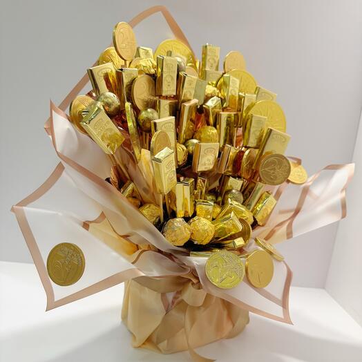 Букет для мужчины. Съедобный букет . На День рождения.Подарок для него . Золотой букет из золотых шоколадных конфет