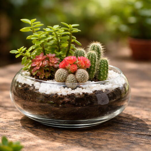 Jade With Fittonia And Cactus Plant In Small Fish Bowl