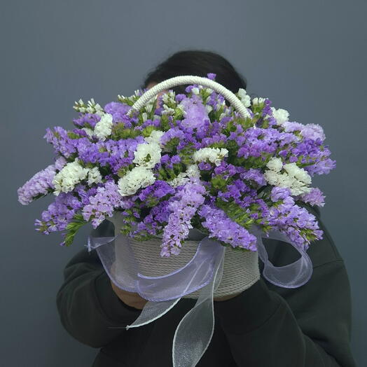 Букет из Фиолетовой Статицы в джутовой корзине💜