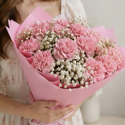 Delicate bouquet of dianthus and gypsophila (colors vary)