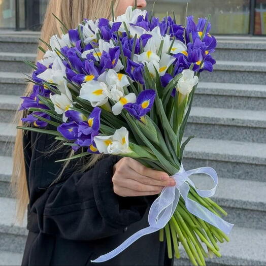 Букет из фиолетовых и белых ирисов 51 шт