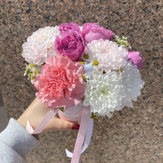 Яркий стаканчик-комплимент🌸Bloom room, танацетум, диантус, пионовидная роза, хризантема