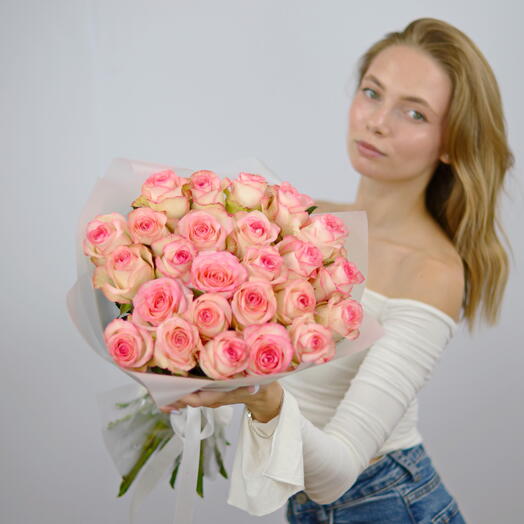 Букет розовые розы, 25 роз